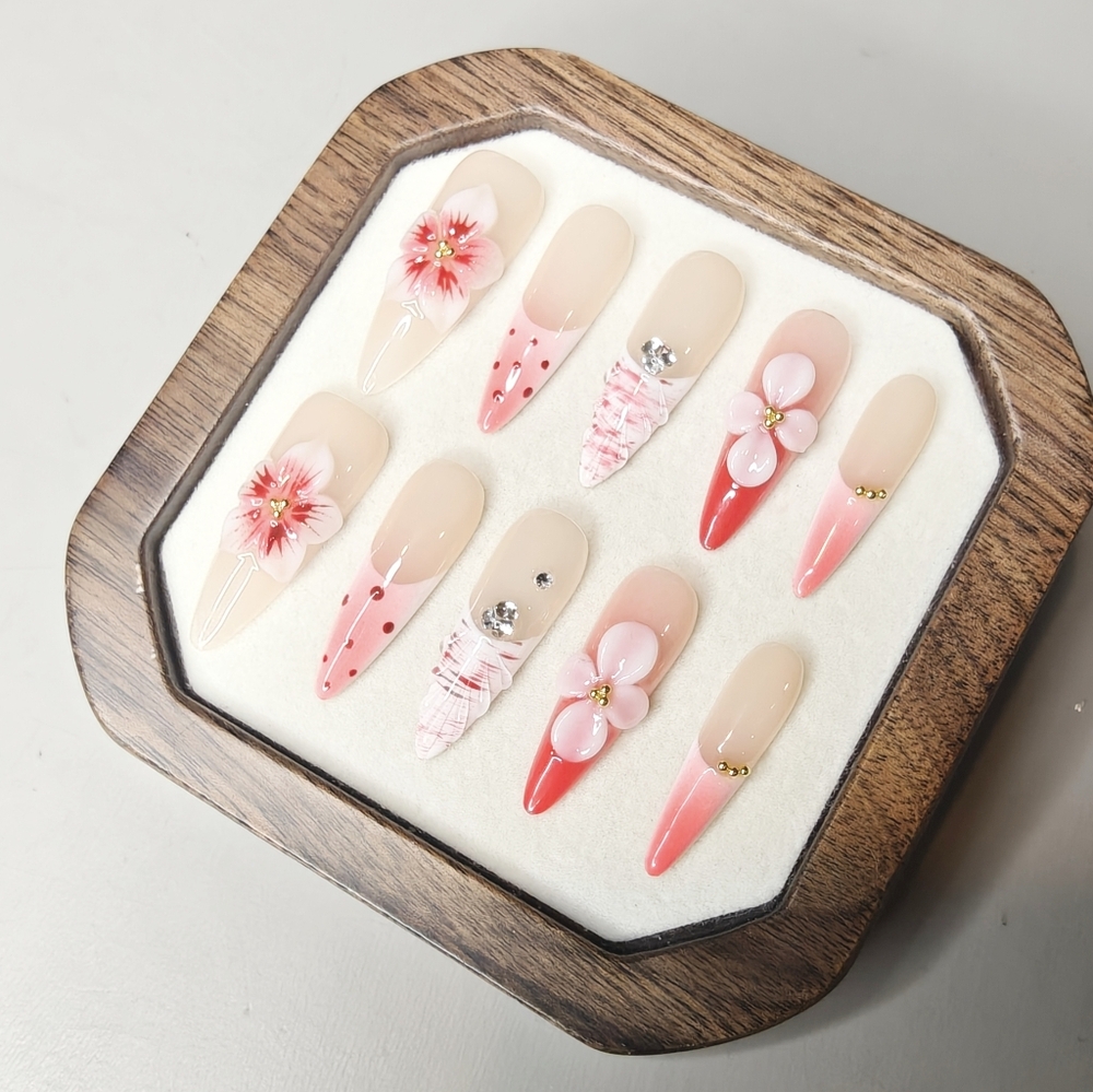 Elegant Pink and Red Floral Stiletto Handmade Press On Nails Set - Picture 8 of 12